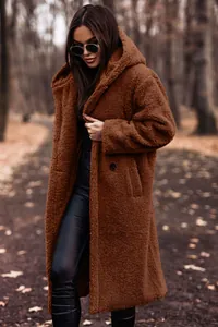 Detailed view of a long brown hooded teddy coat for women in a scenic autumn forest