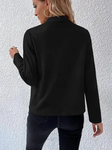 Back view of stylish black women's long-sleeve faux suede jacket with lapel collar