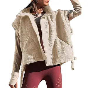 Women's warm sherpa fleece vest with stand collar and button-down front.