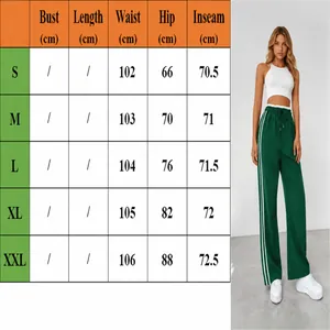 Detailed size chart table for women's side-stripe wide-leg sports sweatpants in green