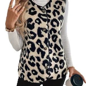 Stylish women's leopard print plush vest with buttons for autumn and winter fashion.