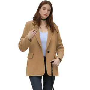 Elegant camel wool blazer for women featuring notch lapel and single button closure
