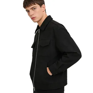 Detailed side view of a black suede-like casual jacket with zipper and flap pockets