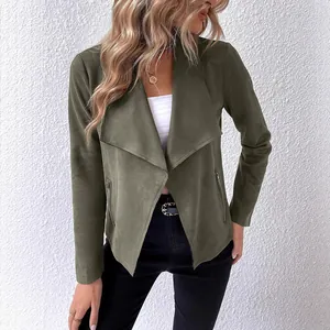 Close-up view of a women's olive green faux suede jacket featuring lapel and zippers