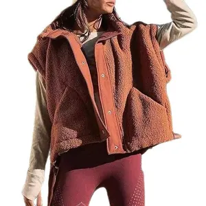 Warm brown sherpa fleece vest for women featuring button closure and sleeveless style