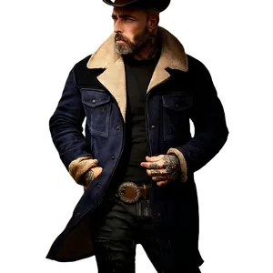 Men's stylish navy blue suede jacket featuring warm faux shearling lining and collar