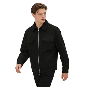 Detailed shot of a black suede casual jacket with zipper and turn-down collar for men