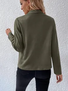 Back view detail of a women's olive green faux suede long sleeve commuter jacket