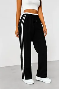 Comfortable black high-waisted sweatpants featuring side stripes and a wide-leg design