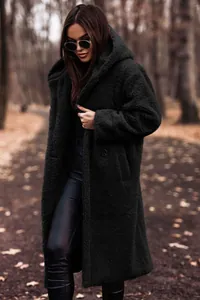 Cozy black long-sleeved teddy coat with hood for women's winter fashion