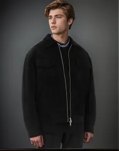 Professional close-up of a men's black suede jacket featuring zipper and large pockets