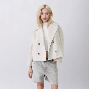 Women Double-Breasted Woolen Coat Lapel Collar Short Jacket Casual Warm Solid Color Polyester Long Sleeve Top