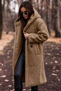 Stylish women's long camel teddy coat with hood for autumn and winter outdoor wear