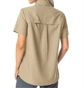 Back view of women's khaki quick-dry outdoor shirt showing breathable fabric texture