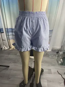 Blue and white striped loungewear shorts with ruffle trim and button detail for women