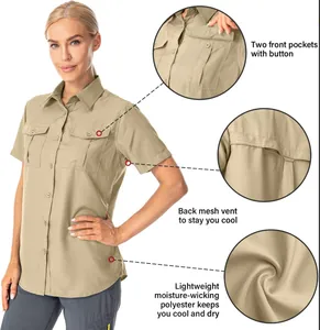 Detail view of khaki quick-dry shirt showing button pockets and mesh back vent