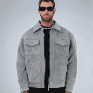 Men Casual Suede Faux Leather Jacket With Cargo Pockets Spring Autumn Zip Up Western Style Lapel Workwear Outerwear Top
