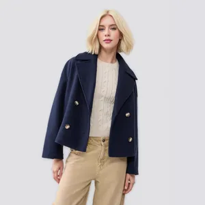 Elegant navy double-breasted short wool coat with large lapels for women's winter fashion.