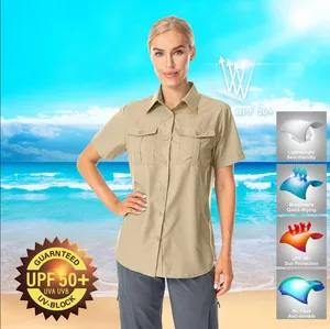 Women's UPF 50+ quick-dry outdoor shirt with functional pockets shown on beach.