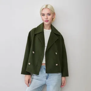Elegant dark green double-breasted short wool coat with wide lapels for fall winter