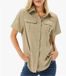 Macro detail showing the texture and pockets of a women's quick-dry outdoor hiking shirt