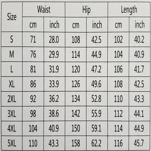 Detailed size chart for men's casual cotton linen pants showing waist, hip, and length