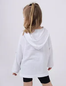 Detailed back view of a white hooded long sleeve cotton linen textured shirt for kids