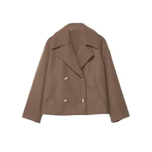 Elegant brown short wool coat with large notched lapels and double-breasted buttons