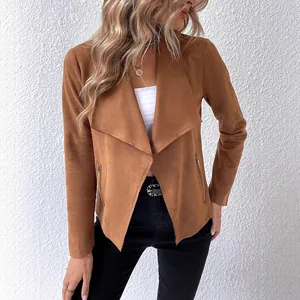 Stylish women's brown faux suede jacket featuring a draped lapel and long sleeves