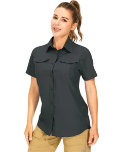 Women's quick-dry short-sleeved outdoor shirt in dark grey with functional pockets