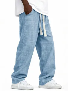 Pantalón ligero de lino para hombre, corte recto azul claro con cordón ajustable.