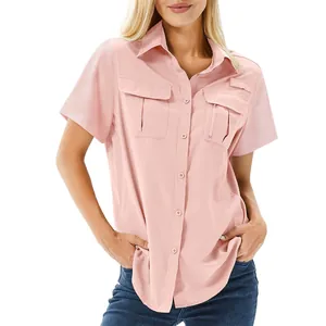 Front detail of women's quick-dry pink short-sleeve outdoor shirt with pockets