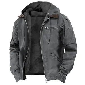 Casual herenjack met capuchon in antraciet met warme fleecevoering en bruin kraagdetail