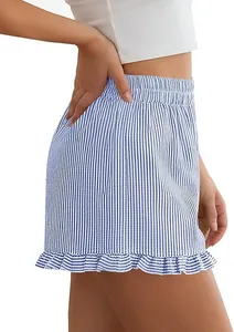 Close-up of blue and white striped ruffled shorts on a model's side profile view