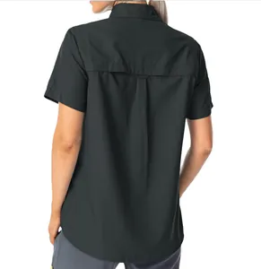 Back view of women's quick-dry short-sleeved outdoor shirt with ventilation details.