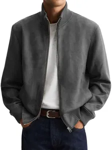 Detailed view of a premium charcoal gray suede bomber jacket for men with a ribbed collar