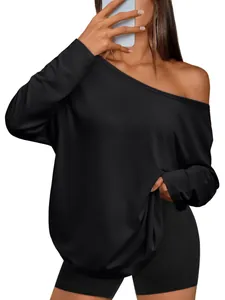 T-shirt noir décontracté à manches longues et épaules dénudées pour femmes, haut d'été