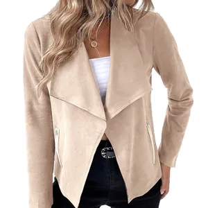 Women's faux suede lapel jacket with long sleeves and zipper pockets