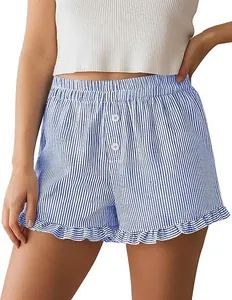 Close-up of women's blue and white striped lounge shorts featuring ruffle hem details