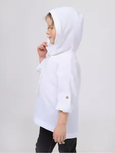 Detailed side view of white cotton linen children's thin hooded long sleeve shirt
