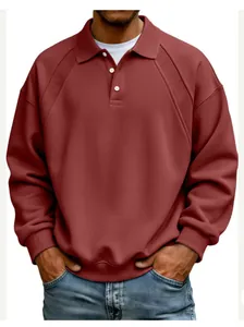 Men's loose burgundy polo sweatshirt with ribbed panels and button collar details