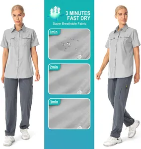 Detail showing fast-drying fabric performance of women's grey outdoor hiking shirt