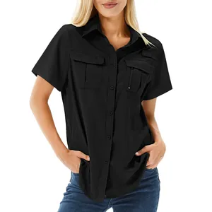 Front view showing the utility multi-pocket detail of a black quick-dry outdoor shirt