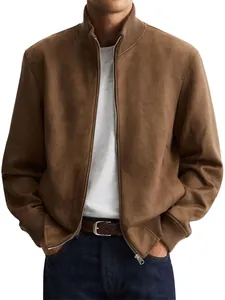 Detailed view of men's brown faux suede jacket with ribbed stand collar and zipper