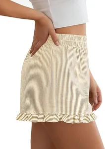 Side view detail of women's Y2K striped shorts with ruffled hem for summer leisure