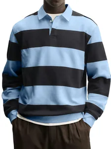 Lockeres Herren-Rugby-Poloshirt mit hellblauen und schwarzen horizontalen Streifen