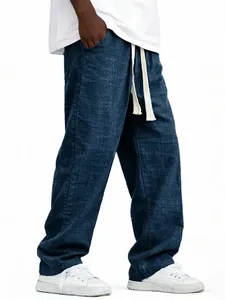 Vista detallada de los pantalones rectos de algodón y lino azul holgados para hombre