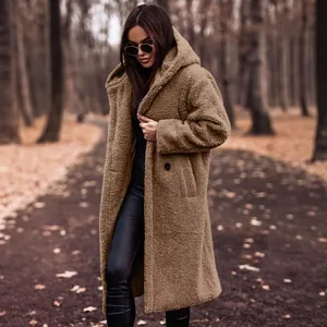 Chic women's long brown hooded teddy coat shown in a scenic autumn forest setting
