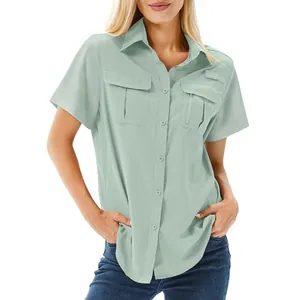 Detailed view of a sage green women's quick-dry multi-pocket outdoor shirt