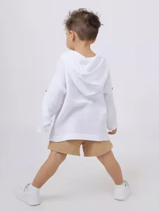Back view of kids white cotton linen hooded long sleeve t-shirt and tan shorts set